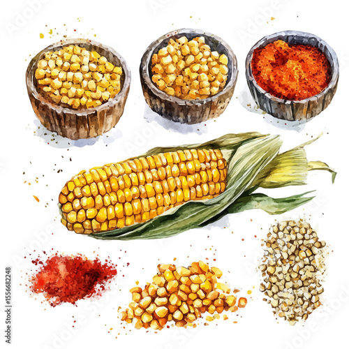 Roasted Corn Cob Spices, watercolor vector, isolated on a white background.
