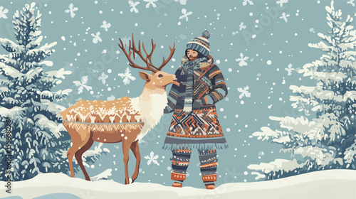 Ethnic Eskimo with Deer Flat Vector Illustration