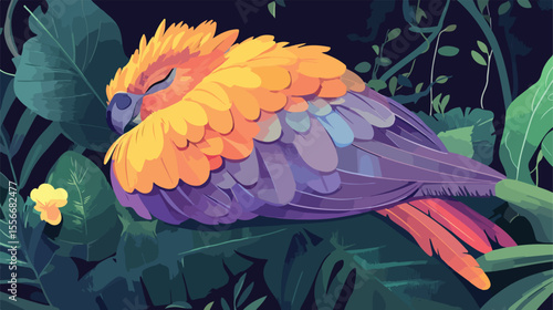 Exotic Flemish Bird Sleeping Flat Vector Illustration