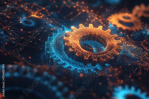 Glowing gears in blue and orange are connected with lines and dots. Show the concept of technology, innovation, and digital transformation.