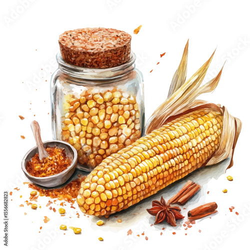 Roasted Corn Cob Spices, watercolor clipart vector, isolated on a white background.