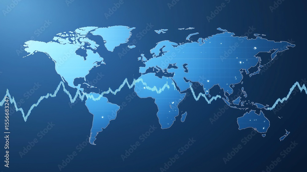 Obraz premium Financial chart with moving up graph and world map on blue background