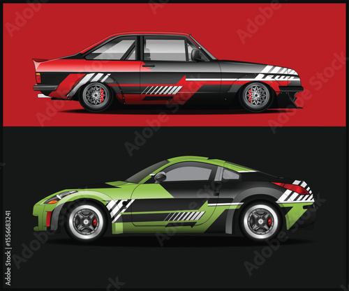 Two Sport Cars with Custom Wraps on a Split Red and Black Background