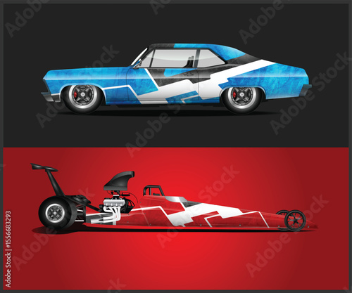 Classic and Modern Racing Cars A Blue Muscle Car and Red Dragster