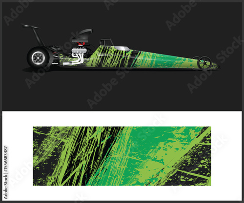 Green and Black Drag Racing Car with Matching Abstract Background