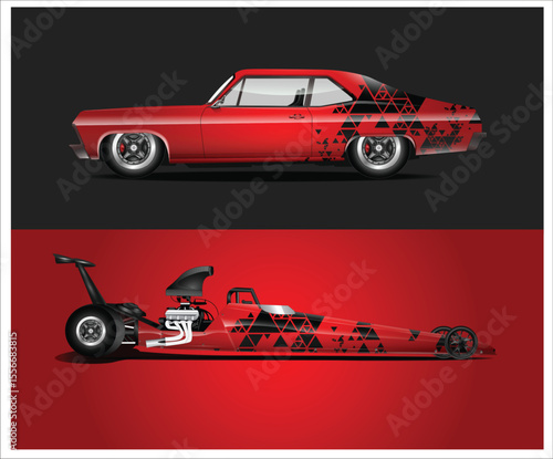 Red Classic Car and Dragster with Geometric Triangle Design Illustration