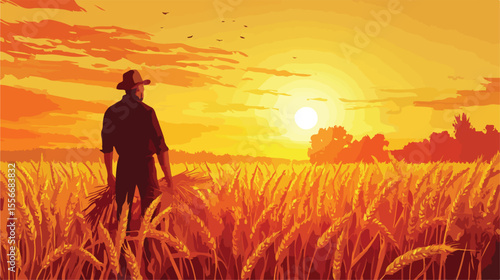 Golden Sun Harvest: Farm Worker Harvesting Wheat in Sunlight