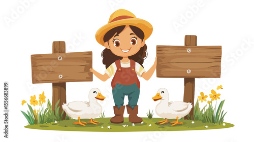 Charming Farmer Girl with Ducks Standing by Rustic Wooden Sign Flat Vector Illustration