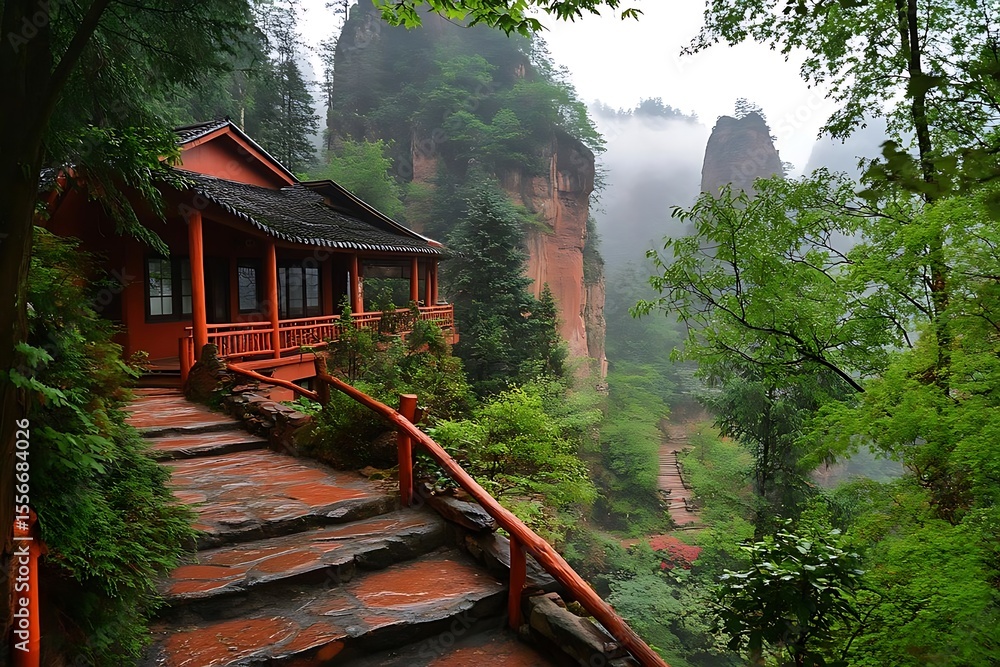 Fototapeta premium Misty Mountain House Steps.
