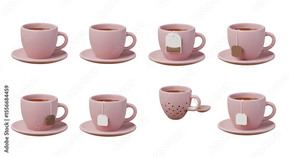 Obraz premium Pink teacup and saucer set tea bag preparation images