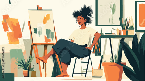 Female Artist Seated Painting Flat Vector Illustration