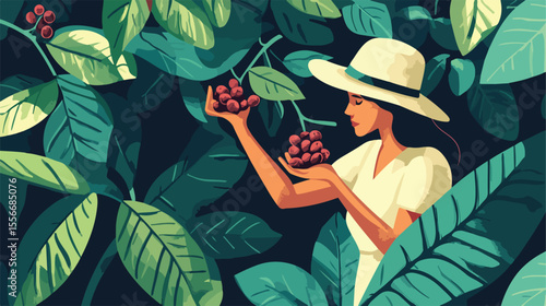 Female Coffee Fruit Harvester Vector Illustration