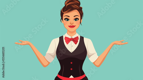 Elegant Female Casino Waiter with Bow Tie in Flat Vector Illustration