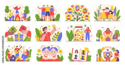 A vibrant flat illustration set depicting moments of friendship, family, and celebration like gatherings, gift, and outdoor fun. Ideal for greeting cards, posters, social media, and lifestyle branding