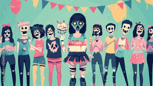 Female Zombie Birthday Party Vector Illustration