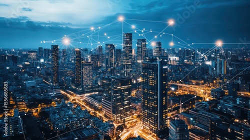 Interconnected Urban Landscape: A Networked Cityscape at Twilight Enhanced by Digital Nodes