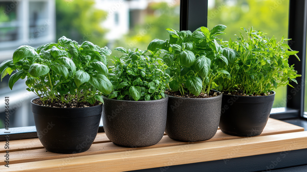 Fototapeta premium Fresh herbs in pots on wooden shelf, showcasing vibrant green basil, parsley, and thyme
