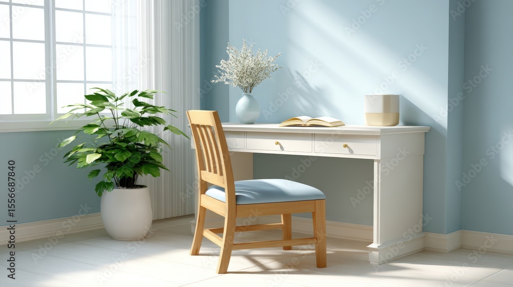 Fototapeta premium Compact workspace for creatives, A bright room features a white desk with a chair, a potted plant, and a vase with flowers near a large window letting in natural light.