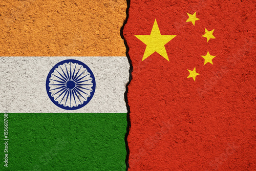 Photography China and India flags divided by a crack, symbolizing border tensions, diplomati