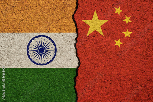 Flags of India and China split by a crack, representing unresolved border issues, diplomatic tension, and rising geopolitical competition