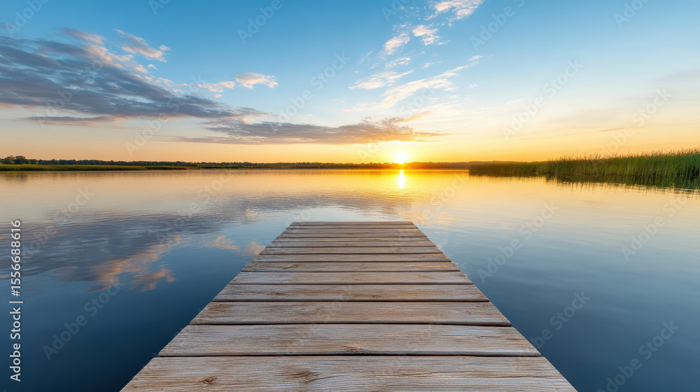 Obraz premium Sunset over calm water with wooden dock extending into lake, reflecting clouds and colors