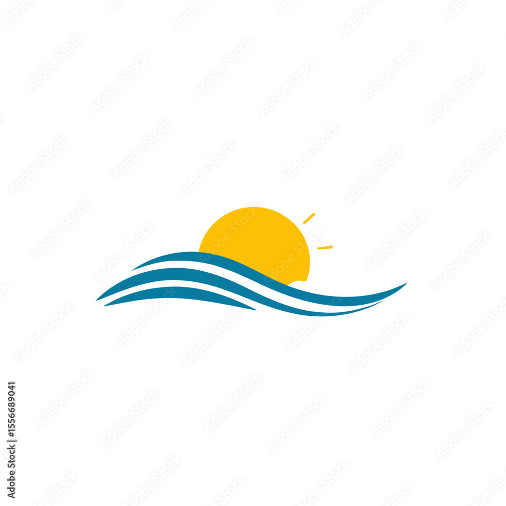Stylized sun rising over blue ocean waves isolated on white background Stylized sun rising over blue ocean waves isolated on white background