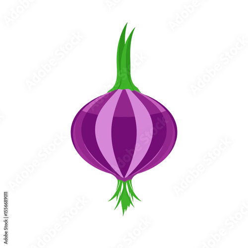 Stylized red onion with green shoots isolated on white background