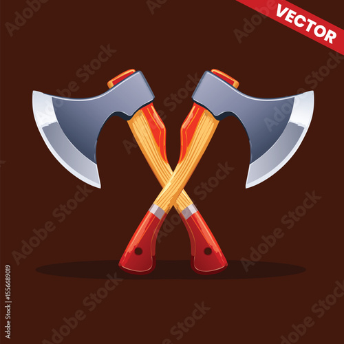 Crossed Cartoon Vector Axes with Wooden Handles and Shiny Blades for Logo Emblem Badge Lumberjack Survival Adventure Game Design and Outdoor Branding