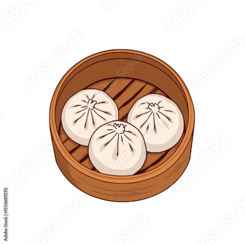 Three delicious steamed dumplings in a bamboo steamer basket isolated on white background