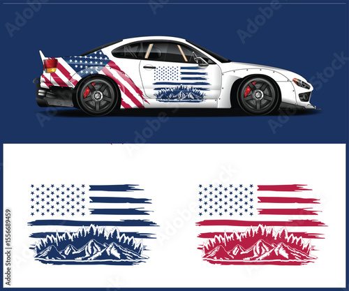American Flag Themed Racing Car with Mountain and Forest Graphic Design