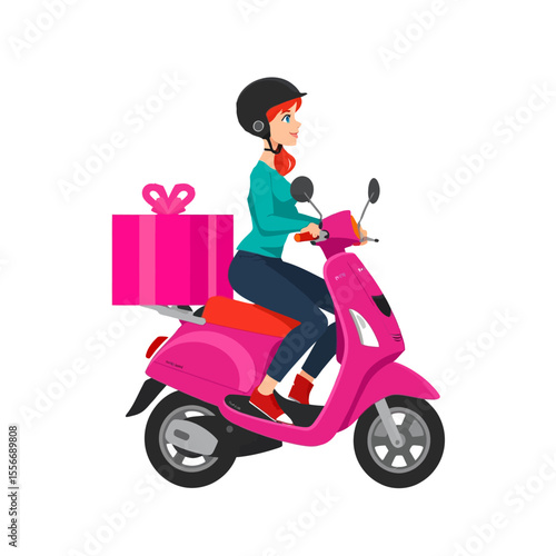 Woman riding a pink scooter delivering a pink gift box isolated on white background