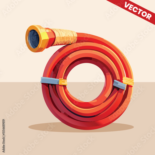 Vector Illustration of Red Orange Coiled Garden Hose Standing Vertical High Detail for Plumbing Gardening and Outdoor Watering Content