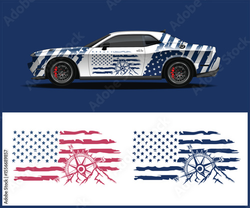 American Flag Themed Car Wrap Design with Compass and Mountain Graphic