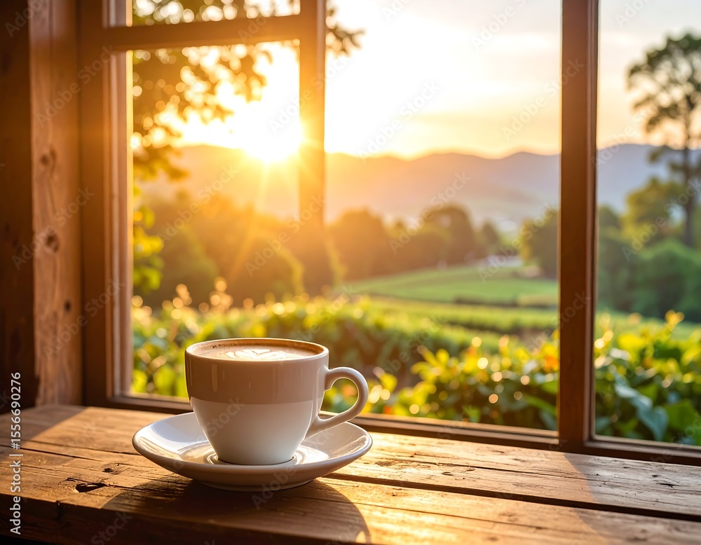 Sunrise coffee view from window Sunrise coffee view from window