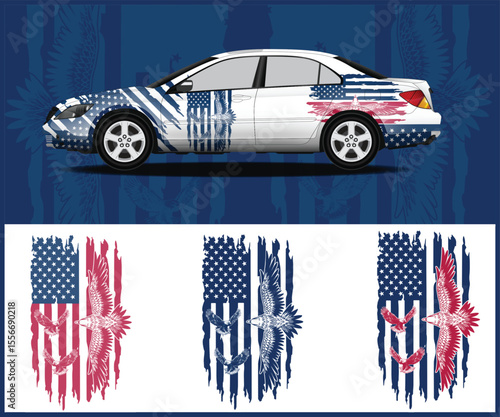 Patriotic Car Wrap Design Featuring American Flag and Eagle Graphics