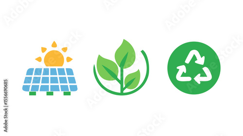 Eco-Friendly Icons Set: Recycle, Solar Panel, Leaf – Green Energy Vector