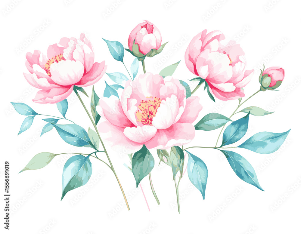 Elegant Watercolor Peonies Pink Flower Bouquet Illustration Elegant Watercolor Peonies Pink Flower Bouquet Illustration