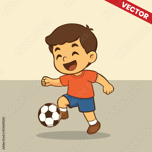 Happy Cartoon Boy Kicking Soccer Ball with Joyful Expression Vector Illustration