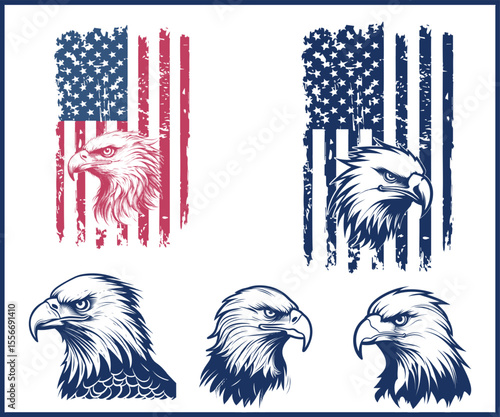 American Pride Patriotic Eagle Designs with Distressed Flags and Bold Outlines