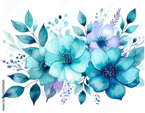 Aqua Teal Watercolor Floral Bouquet Illustration