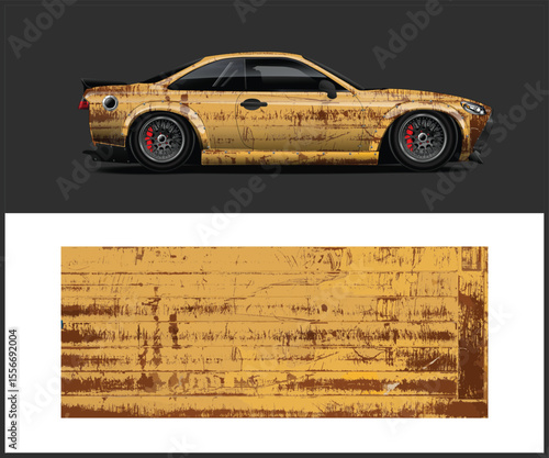 Distressed Gold Sports Car with Custom Wheels and a Matching Background Texture