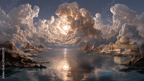 Hyperrealistic Greek Mythology Olympus Mountain PNG Material | Golden Clouds, Temple Complex, Thunder Beams, Wisdom Runes, Iris Bridge, Divine Majesty