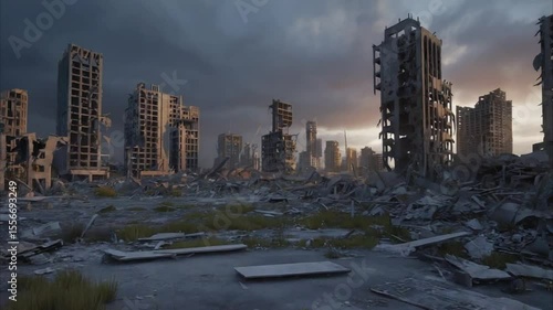 Desolate post apocalyptic city with crumbling skyscrapers and overgrown debris under dark stormy clouds