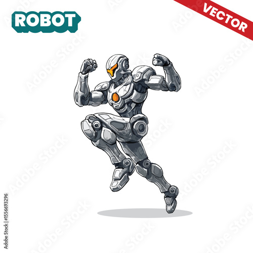 Jumping Victory Pose Robot Hero – Futuristic Sci-Fi Android Vector