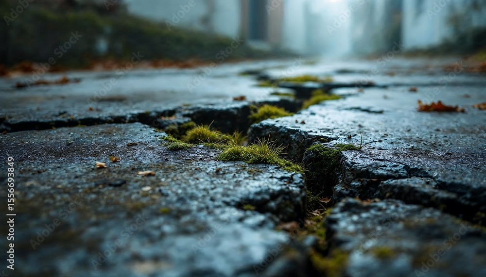 Fototapeta premium Cracked Pavement with Moss Growing