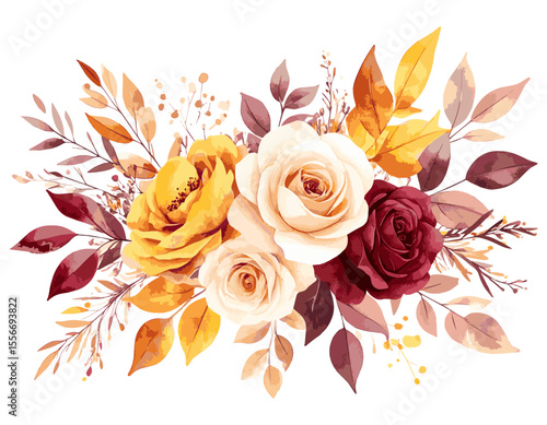 Autumnal Rose Bouquet Watercolor Floral Illustration