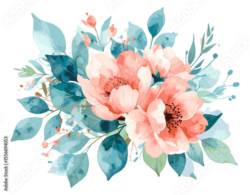 Elegant Watercolor Peach and Teal Floral Bouquet Illustration