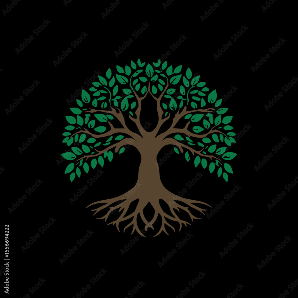 Fototapeta premium Simple vector tree logo with roots, green leaves, and symmetrical circular shape on black background, space for branding.