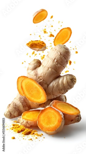 Sliced ginger and turmeric with powder splashes on white