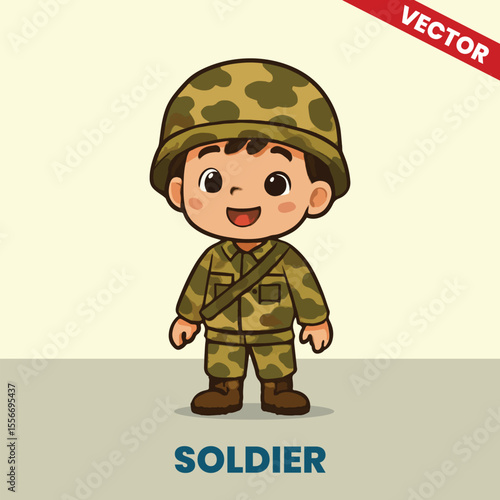 Vector Illustration of Cute Boy Dressed as Soldier – Military Kids Profession Concept in Cartoon Style"